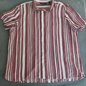 Perry Ellis Red & White Vertical Striped Linen Blend Shirt - XXL